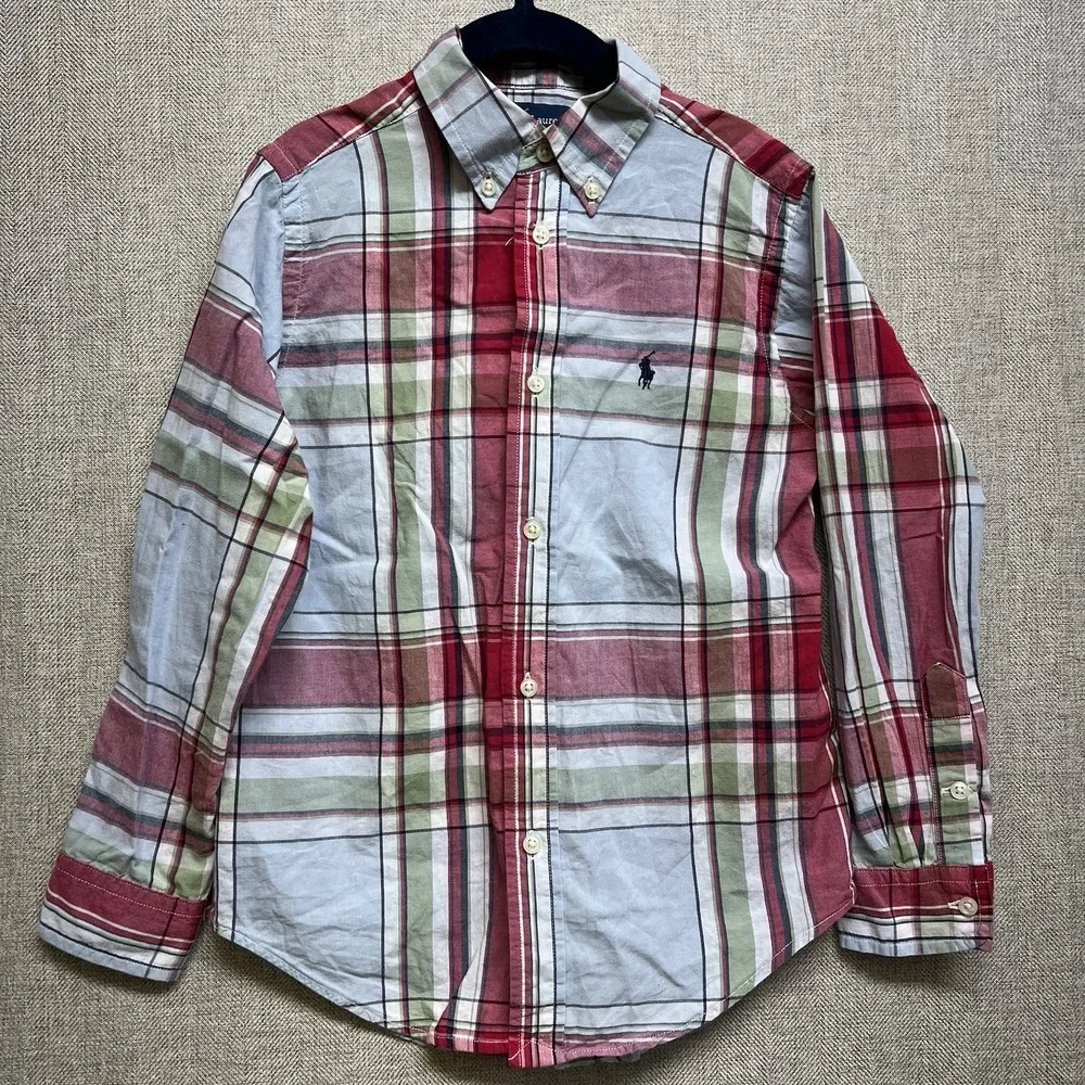 Ralph Lauren Plaid Long Sleeve Button Down Shirt Boys‎ 6 100% Cotton Blue Pony